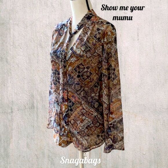SHOW ME YOUR MUMU NWT BLOUSE TOP TIE NECK SHEER BELL SLEEVES SIZE X SMALL - Picture 4 of 7